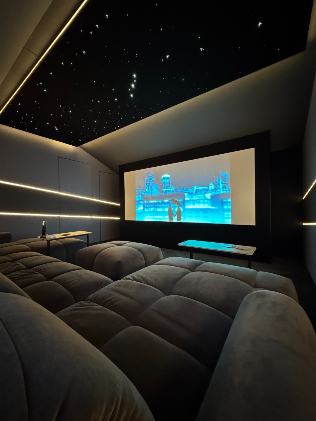 Private cinema room with star ceiling and large projection screen